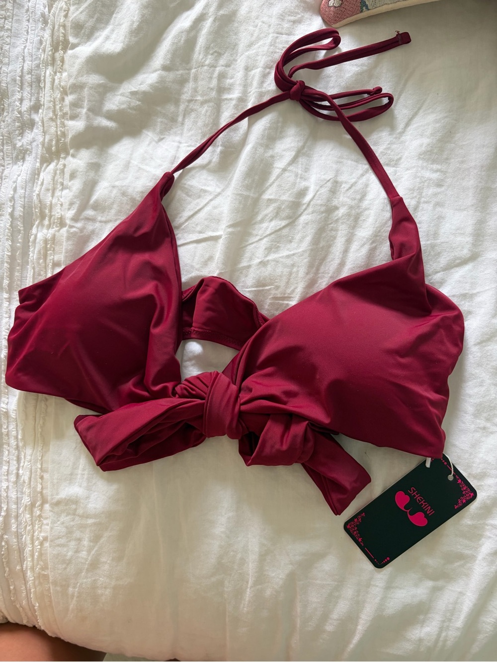 Knot-Front Halter Bikini Top in Deep Wine